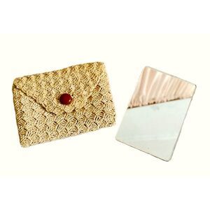 50s 60s Vintage Woven Cream Mini Makeup Mirror and Pouch